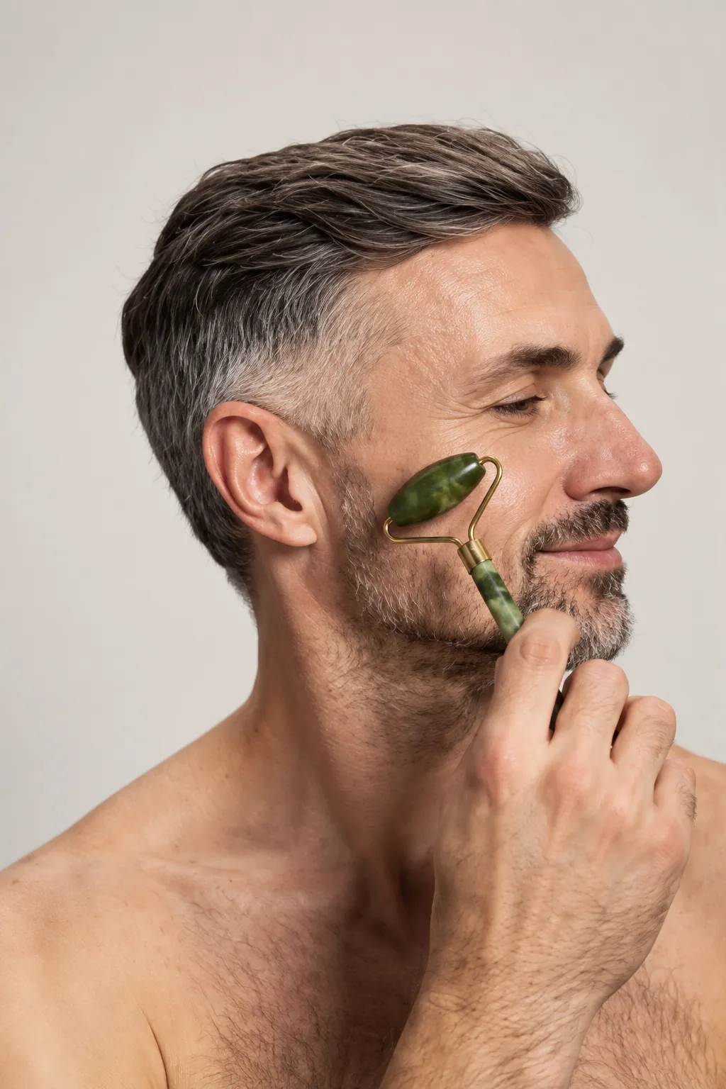Avatar in a wider shot using the jade roller at home, lifestyle setting